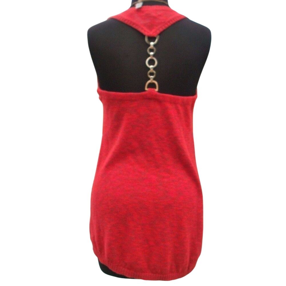 Cache Red Cut In Sleeve Top New Hi Low Front Back Metal Chain Stretch $88 NWT